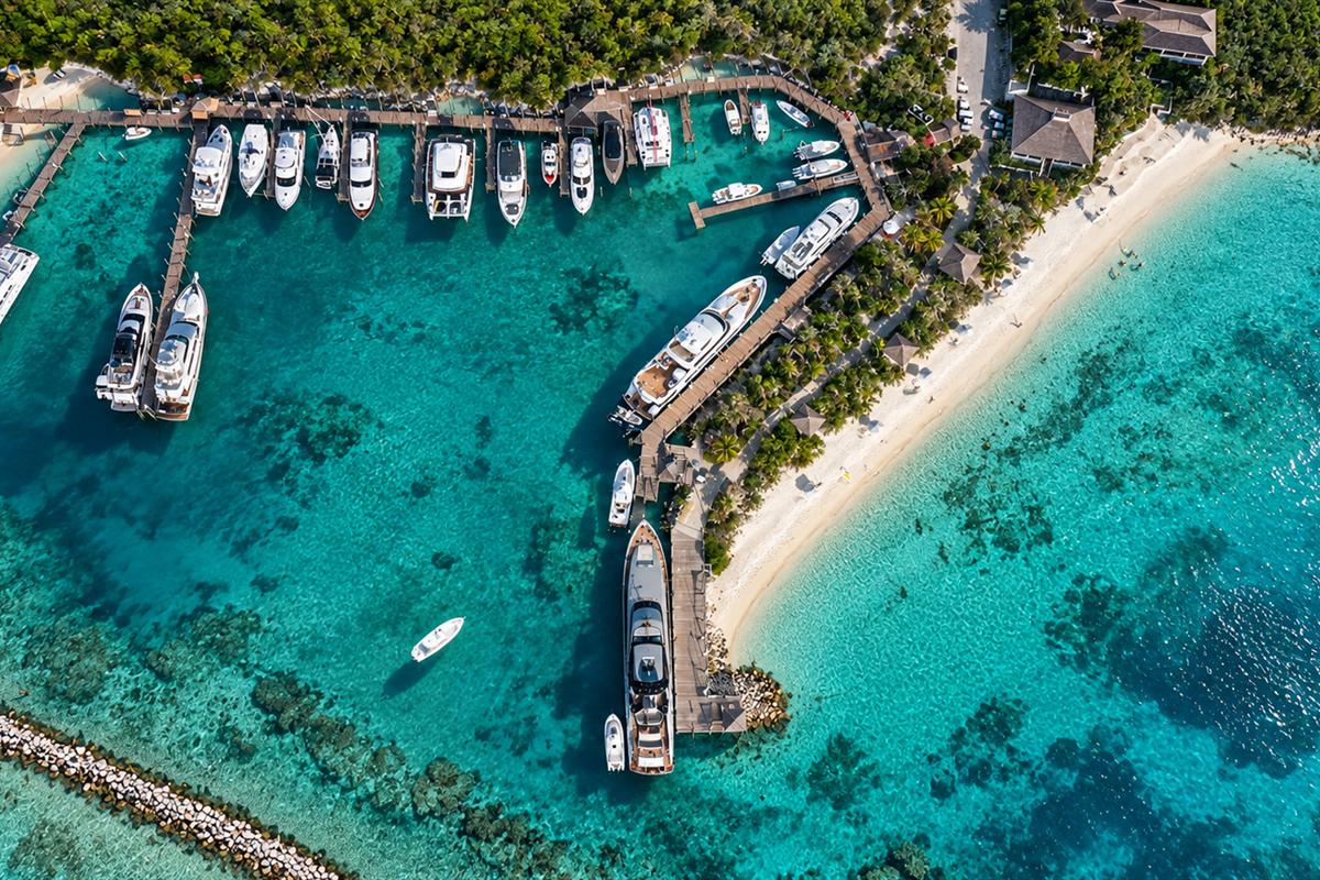 Aerial view of the marina and yachts at Highborne Cay in the Exumas