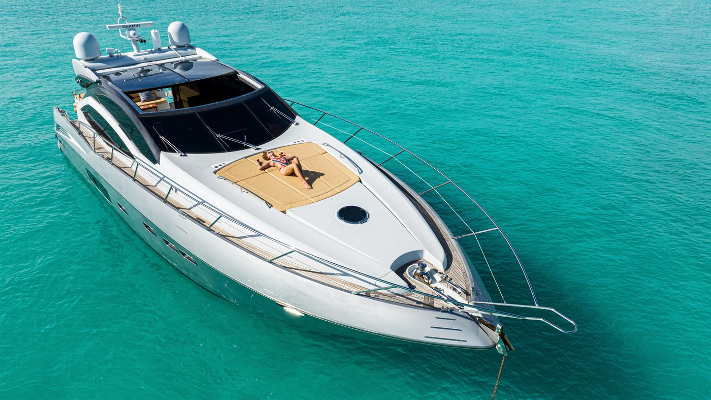 Aerial view of the 64 Sunseeker Predator at anchor in clear turquoise water