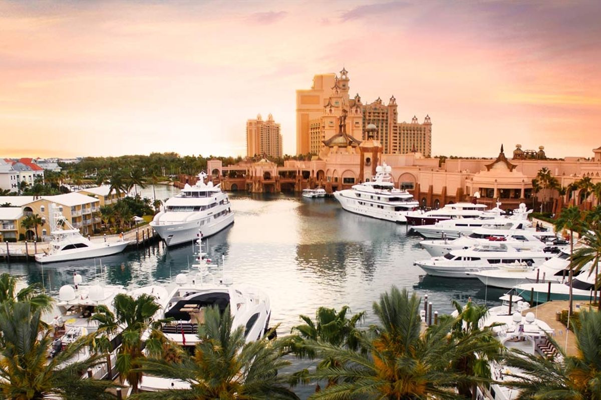 Yachts berthed at a Nassau marina in the evening light