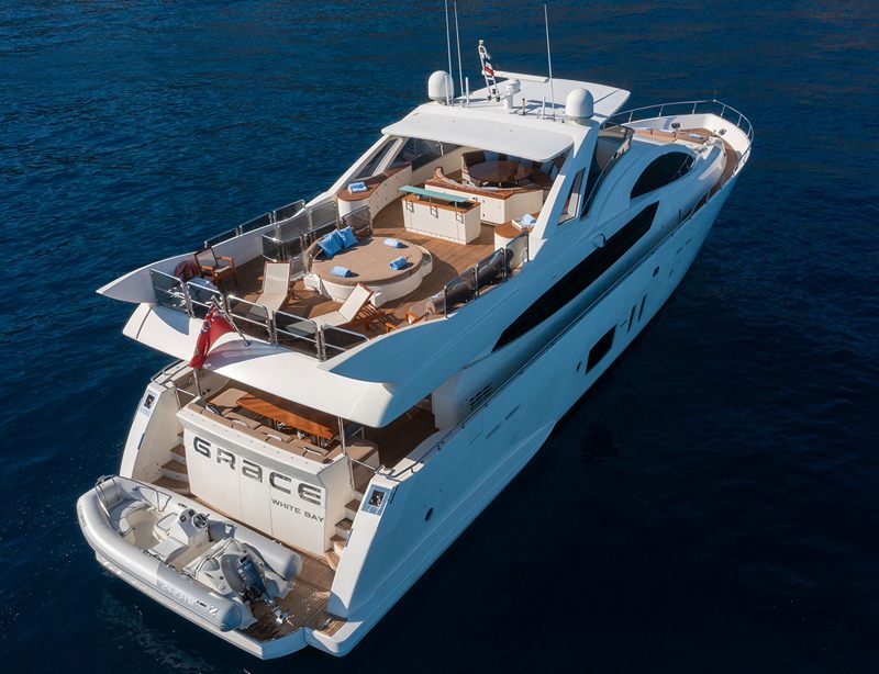 Aerial stern view of the 94 Astondoa with her tender garage open